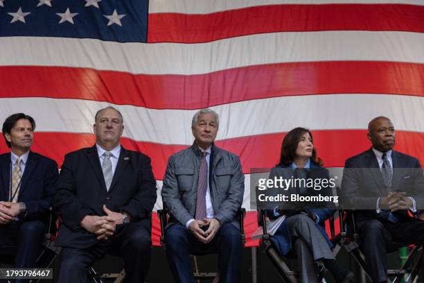 Eric Adams, mayor of New York, from right, Kathy Hochul, governor of New York, Jamie Dimon, chief executive officer of JPMorgan Chase & Co., and Gary...