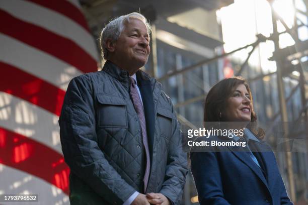 Jamie Dimon, chief executive officer of JPMorgan Chase & Co., and Kathy Hochul, governor of New York, right, during an event at 270 Park Avenue,...