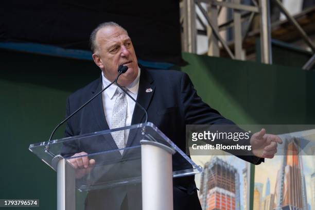 Gary LaBarbera, president of the Building and Construction Trades Council of Greater New York, speaks during an event at 270 Park Avenue, JPMorgan...