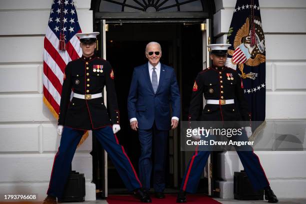 President Joe Biden arrives to pardon the National Thanksgiving turkeys, Liberty and Bell during a ceremony on the South Lawn of the White House on...