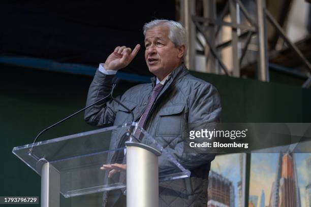 Jamie Dimon, chief executive officer of JPMorgan Chase & Co., speaks during an event at 270 Park Avenue, JPMorgan Chase's new global headquarters...