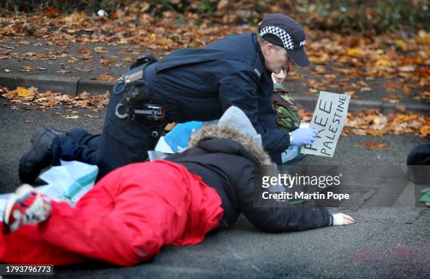Police officer grabs a 'Free Palestine ' sign before one of the activists on November 20, 2023 in Leicester, United Kingdom. Activists with the group...