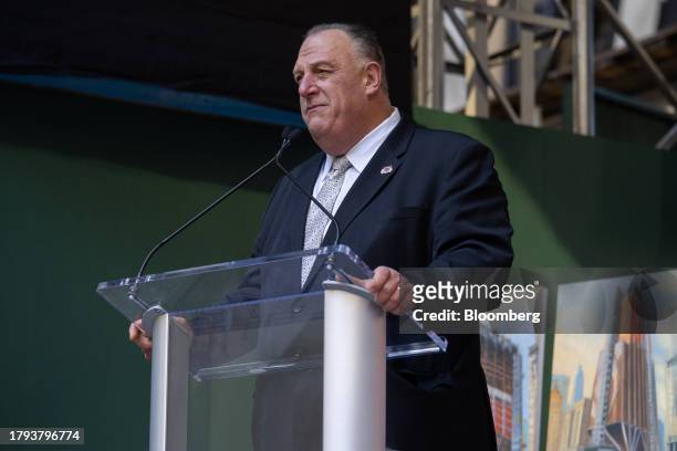 Gary LaBarbera, president of the Building and Construction Trades Council of Greater New York, speaks during an event at 270 Park Avenue, JPMorgan...