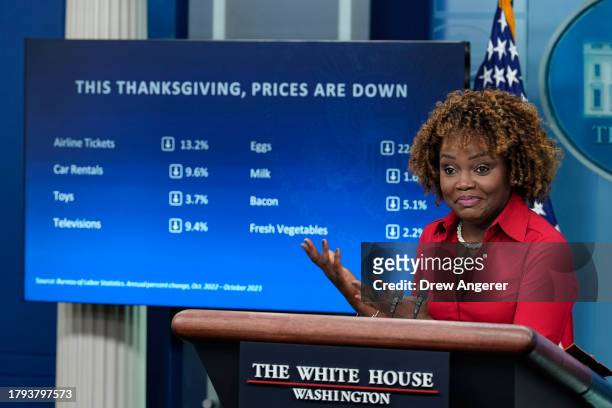 White House Press Secretary Karine Jean-Pierre speaks during the daily press briefing at the White House November 20, 2023 in Washington, DC....