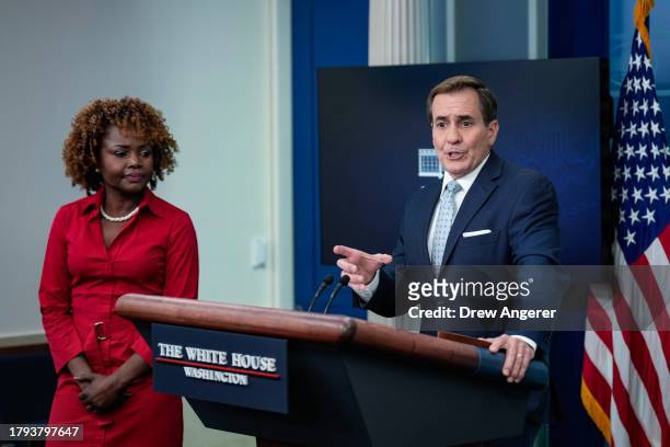 White House Press Secretary Karine Jean-Pierre looks on as Coordinator for Strategic Communications at the National Security Council John Kirby...