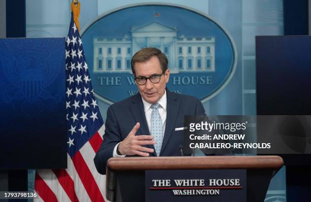 National Security Council spokesman John Kirby speaks during the daily briefing in the Brady Briefing Room of the White House in Washington, DC, on...