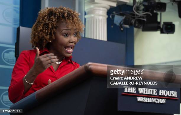 White House Press Secretary Karine Jean-Pierre speaks during the daily briefing in the Brady Briefing Room of the White House in Washington, DC, on...