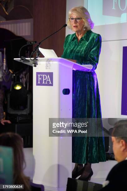 Queen Camilla attends The Foreign Press Association Awards at Sheraton Grand London Park Lane on November 20, 2023 in London, England.