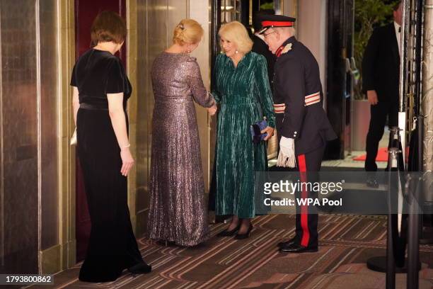 Queen Camilla arrives at the annual awards ceremony which is celebrating its 135th anniversary at Sheraton Grand London Park Lane on November 20,...