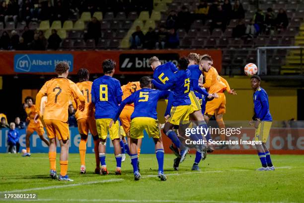 Wessel Kuhn of Holland U18 scores the first goal toi make it 1-0 during the U18 Men match between Holland U18 v Sweden U18 at the Sportpark...