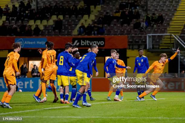 Wessel Kuhn of Holland U18 celebrates 1-0 during the U18 Men match between Holland U18 v Sweden U18 at the Sportpark Langeleegte on November 16, 2023...