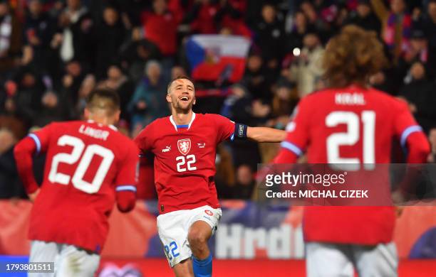 Czech Republic's midfielder Tomas Soucek celebrates scoring the 3-0 goal with his teammates during the UEFA Euro 2024 Group E Czech Republic v...