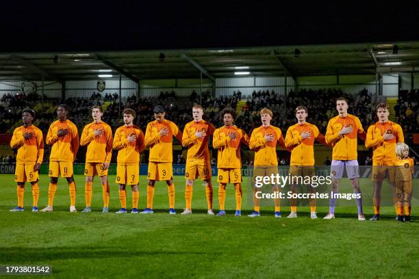 Line up Enoch Mastoras of Holland U18, Don Angelo Konadu of Holland U18, Yoel van der Ban of Holland U18, Aymen Sliti of Holland U18, Rayan Atikallah...