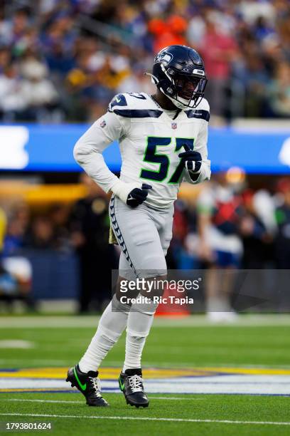 Frank Clark Sr. #57 of the Seattle Seahawks defends during a game against the Los Angeles Rams at SoFi Stadium on November 19, 2023 in Inglewood,...