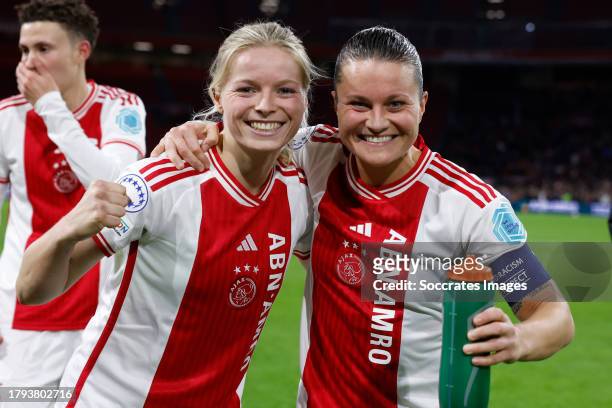 Nadine Noordam of Ajax Women Sherida Spitse of Ajax Women celebrating the victory during the UEFA Champions League Women match between Ajax Women v...
