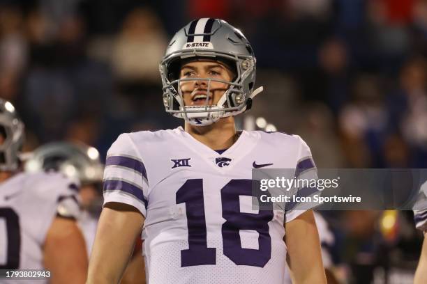 Kansas State Wildcats quarterback Will Howard smiles during a Big 12 football game between the Kansas State Wildcats and Kansas Jayhawks on Nov 18,...