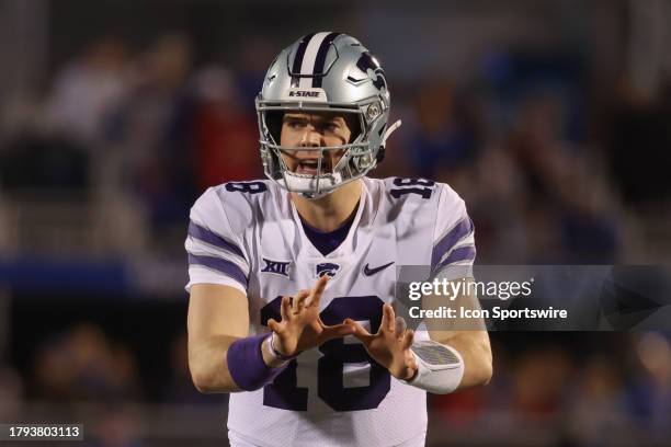 Kansas State Wildcats quarterback Will Howard calls for the snap in the second quarter of a Big 12 football game between the Kansas State Wildcats...