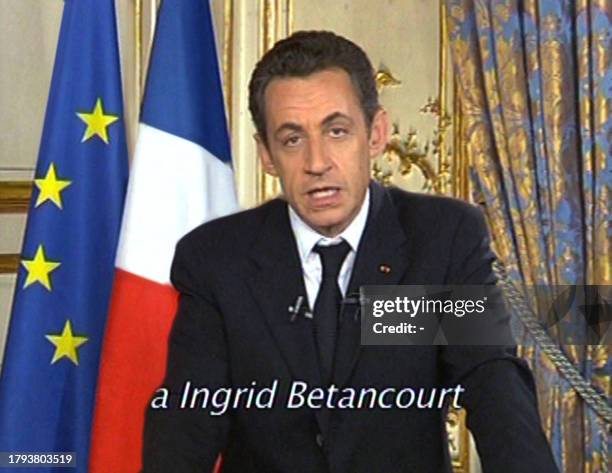 This video grab shows French President Nicolas Sarkozy offering 06 December 2007 to help efforts to swap some 45 hostages for 500 Marxist rebels held...