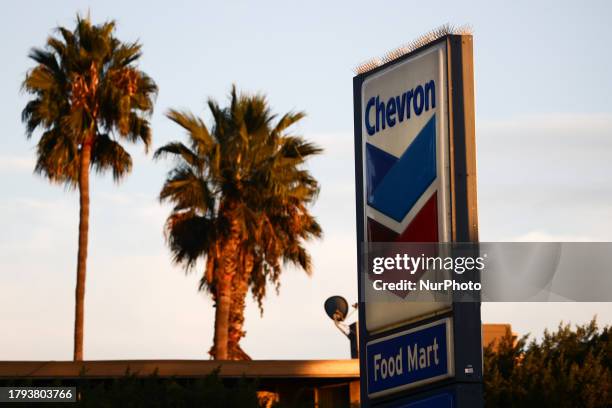 Chevron logo is seen at the gas station in Los Angeles, United States on November 13, 2023.