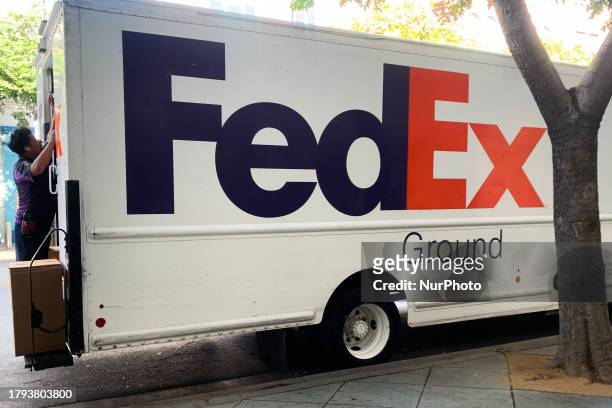 FedEx truck is seen in Santa Monica, United States on November 13, 2023.