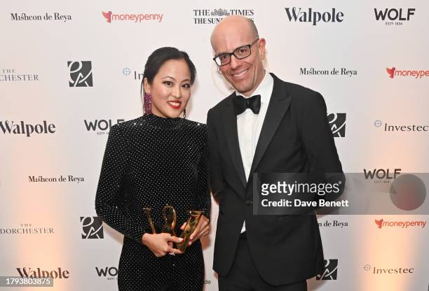 Anabela Chan, winner of the Game Changer award, and Adam Guy attend the Walpole British Luxury Awards 2023 at The Dorchester on November 20, 2023 in...