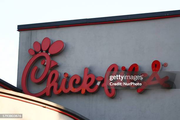 Chick-fil-A logo is seen near the restaurant in Los Angeles, United States on November 13, 2023.