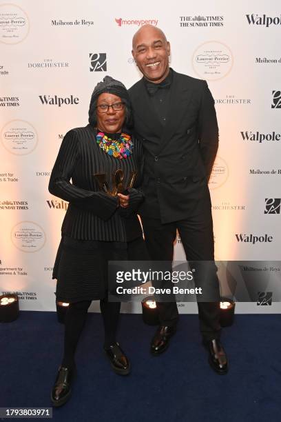 Sonia Boyce, winner of the Great Creative Briton award, and Dr Gus Casely-Hayford attend the Walpole British Luxury Awards 2023 at The Dorchester on...