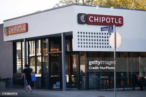 Chipotle logo is seen on the restaurant in Los Angeles, United States on November 13, 2023.