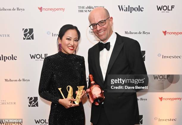Anabela Chan, winner of the Game Changer award, and Adam Guy attend the Walpole British Luxury Awards 2023 at The Dorchester on November 20, 2023 in...