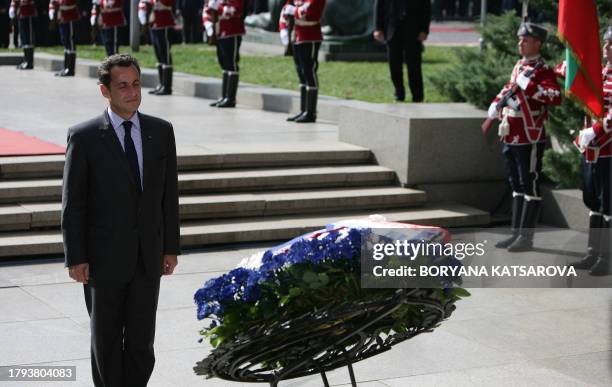 French President Nicolas Sarkozy lays a wreath at the Tomb of the Unknown Soldier during an arrival ceremony at Nevsky Square in Sofia, Bulgaria, 04...