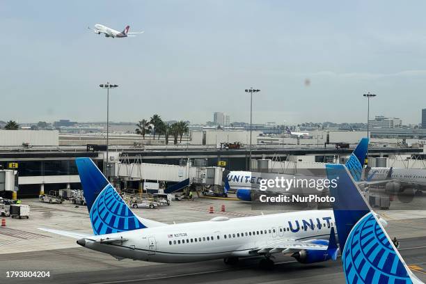 United Airlines planes are seen at the LAX Airport in Los Angeles, United States on November 15, 2023.