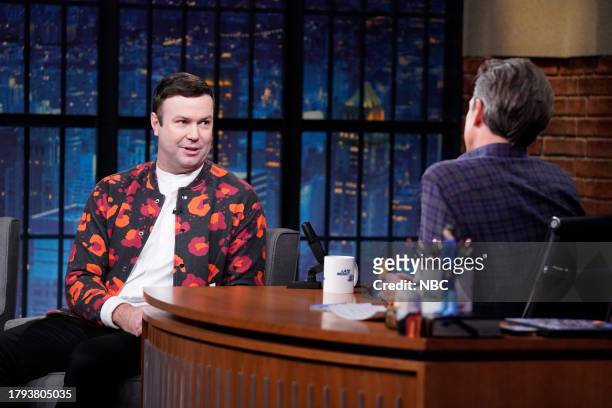 Episode 1450 -- Pictured: Comedian Taran Killam during an interview with host Seth Meyers on November 20, 2023 --