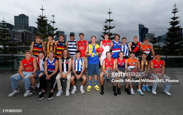First round draftees pose during the AFL Draft Media Opportunity at Marvel Stadium on November 21, 2023 in Melbourne, Australia.