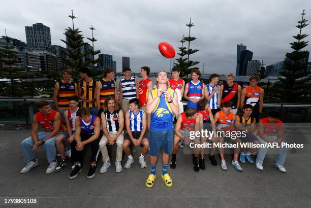 Harley Reid is seen with first round draftees during the AFL Draft Media Opportunity at Marvel Stadium on November 21, 2023 in Melbourne, Australia.