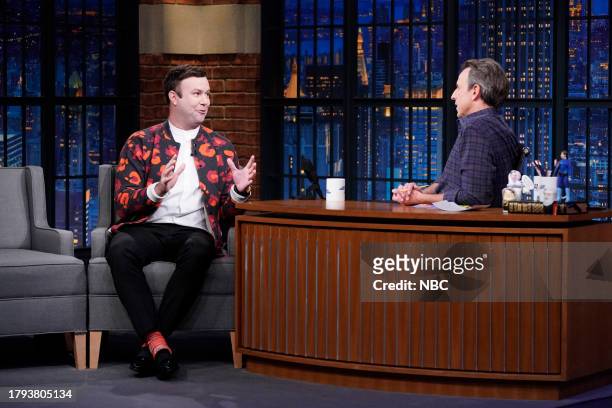 Episode 1450 -- Pictured: Comedian Taran Killam during an interview with host Seth Meyers on November 20, 2023 --