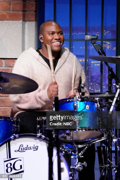 Episode 1450 -- Pictured: Drummer Bryan Carter performs with "The 8G Band" on November 20, 2023 --