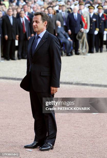 French president Nicolas Sarkozy attends the ceremony marking the 67th anniversary of "The Appeal of June 18", a famous speech by former president...