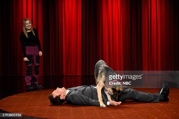 Episode 1879 -- Pictured: Dog-owner Jameson, host Jimmy Fallon, and Sadie the dog during "What's Up Dog?" on Monday, November 20, 2023 --