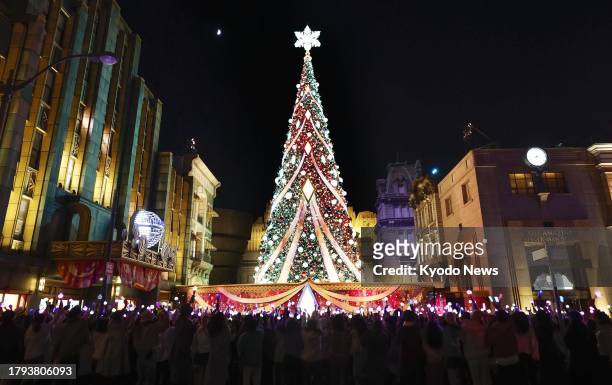 An over 30-meter-tall Christmas tree is lit up at Universal Studios Japan in Osaka on Nov. 20, 2023.