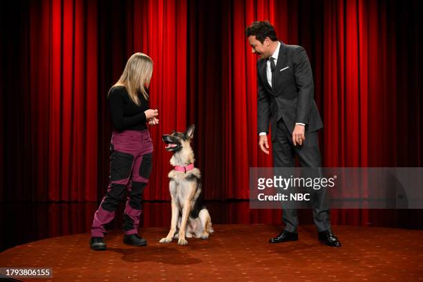 Episode 1879 -- Pictured: Dog-owner Jameson, Sadie the dog, and host Jimmy Fallon during "What's Up Dog?" on Monday, November 20, 2023 --