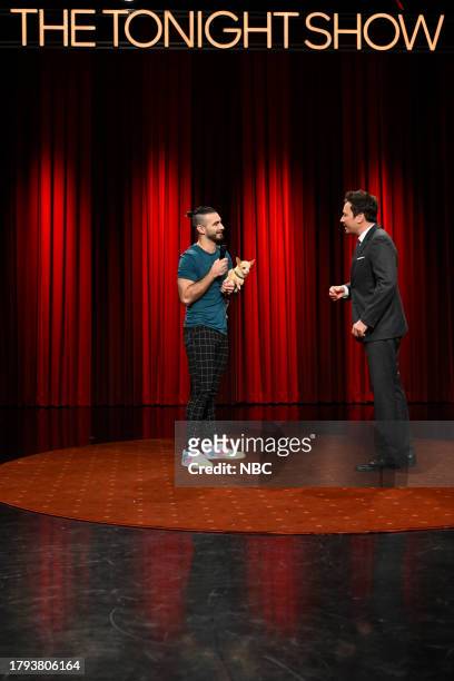 Episode 1879 -- Pictured: Dog-owner Christian, Scooby the dog, and host Jimmy Fallon during "What's Up Dog?" on Monday, November 20, 2023 --