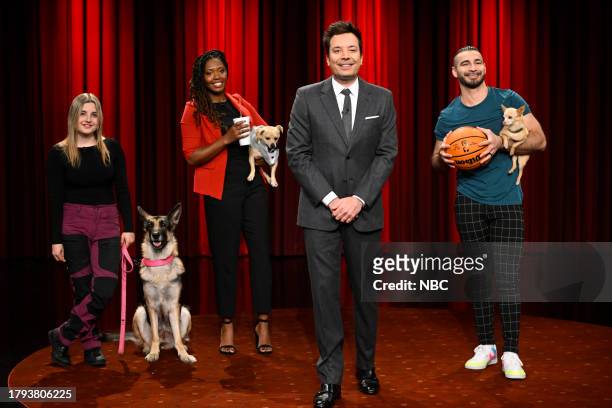 Episode 1879 -- Pictured: Dog-owner Jameson & Sadie the dog, dog-owner Niyoka & Chance the dog, host Jimmy Fallon, and dog-owner Christian & Scooby...
