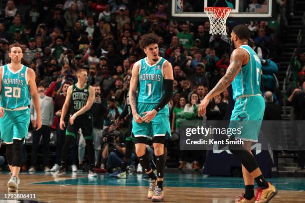 LaMelo Ball of the Charlotte Hornets celebrates during the game against the Boston Celtics on November 20, 2023 at Spectrum Center in Charlotte,...