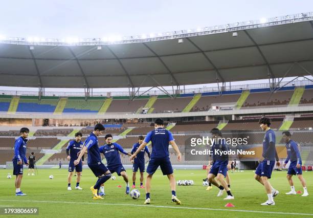 Japan players train in Jeddah, Saudi Arabia, on Nov. 20 the eve of a 2026 football World Cup second-round Asian qualifier against Syria.