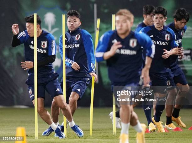 Japan players train in Jeddah, Saudi Arabia, on Nov. 19 two days ahead of a 2026 football World Cup second-round Asian qualifier against Syria.