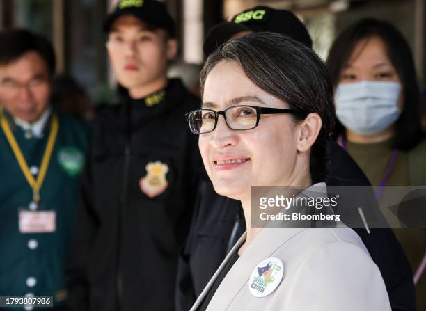 Hsiao Bi-khim, Taiwan's former representative to the US, leaves after registering her candidacy for vice president at the Central Election Commission...