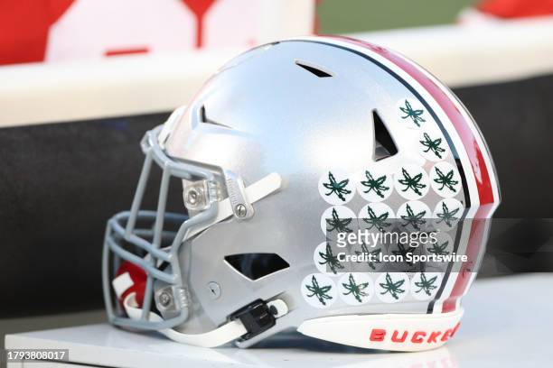 Ohio State Buckeyes helmet sits during the game against the Minnesota Golden Gophers and the Ohio State Buckeyes on November 18 at Ohio Stadium in...