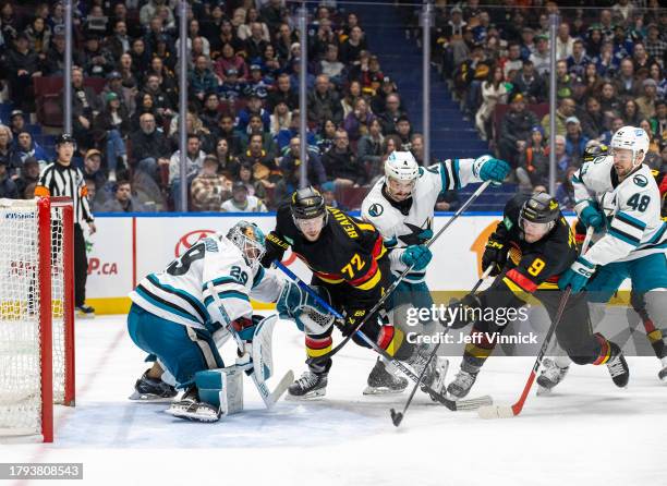 Miller of the Vancouver Canucks scores a goal on Mackenzie Blackwood of the San Jose Sharks in the third period of their NHL game at Rogers Arena on...