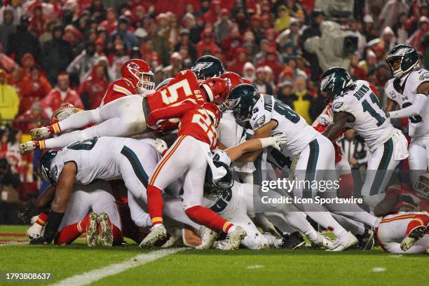 The Philadelphia Eagles offense does the Tush Push for a go ahead touchdown in the fourth quarter of an NFL football game between the Philadelphia...