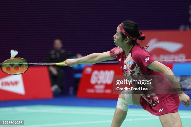 An Seyoung of Korea competes in the Women's Singles First Round match against Lalinrat Chaiwan of Thailand during day one of the China Badminton...